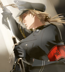 Rule 34 | 1boy, :o, aiguillette, backlighting, belt, belt buckle, black gloves, black hat, blonde hair, buckle, buttons, cross, from side, getbackers, glin, glint, gloves, hat, highres, holding, holding sword, holding weapon, iron cross, long sleeves, looking at viewer, male focus, md5 mismatch, military, military uniform, open mouth, papillon10, peaked cap, pocket, profile, sheath, sheathed, solo, sword, tassel, uniform, unsheathing, upper body, uryuu toshiki, weapon