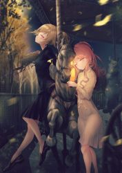 Rule 34 | 2girls, absurdres, amusement park, black dress, blonde hair, blue nails, braid, braided ponytail, carousel, closed mouth, commentary request, dress, earrings, falling leaves, fugutai ten, glowing, glowing eyes, glowstick, highres, himehina channel, horse statue, huge filesize, jewelry, leaf, light smile, loafers, long hair, looking at another, multiple girls, nail polish, night, outdoors, pink hair, ponytail, shoes, sidelocks, suzuki hina, tanaka hime, tree, virtual youtuber, white dress