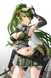 Rule 34 | 1girl, absurdres, arknights, arm up, asymmetrical gloves, bai shiro@, black gloves, breasts, cowboy shot, crocodilian tail, crop top, elbow gloves, fingerless gloves, gavial (arknights), gavial the invincible (arknights), gloves, goggles, goggles on head, gradient background, green hair, grey background, highres, long hair, looking at viewer, mask, mask around neck, material growth, medium breasts, midriff, navel, oripathy lesion (arknights), pointy ears, ponytail, solo, standing, stomach, tail, thighs, very long hair, white background, yellow eyes
