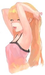 Rule 34 | 1girl, :d, armpits, bad id, bad twitter id, bare arms, bare shoulders, blonde hair, camisole, commentary request, from side, hair tie, hands up, looking at viewer, looking to the side, open mouth, original, simple background, smile, solo, suisogenshi, tying hair, upper body, white background, yellow eyes