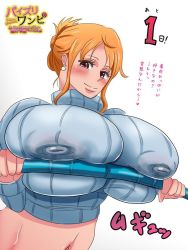 Rule 34 | 1girl, blush, breasts, covered erect nipples, gigantic breasts, looking at viewer, mikanberry, nami (one piece), nipples, one piece, orange hair, solo, tagme
