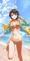 Rule 34 | 1girl, absurdres, beach, bikini, blue eyes, breasts, brown hair, grin, highres, hololive, jacket, looking at viewer, medium breasts, nail polish, nayuyu1105, oozora subaru, oozora subaru (hololive summer 2019), open clothes, open jacket, outdoors, sandals, short hair, smile, solo, standing, standing on one leg, striped bikini, striped clothes, swimsuit, toenail polish, toenails, virtual youtuber