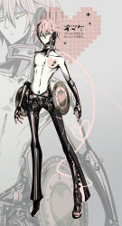 Rule 34 | 1boy, 66 (roro), alternate costume, android, bolt, cable, collar, expressionless, heart, heart of string, joints, male focus, manbou no ane, mechanical arms, messy hair, navel, official art, outline, pants, pink hair, robot ears, robot joints, mechanical legs, single mechanical arm, solo, speaker, tattoo, topless male, translation request, vocaloid, vy2, yellow eyes, zipper