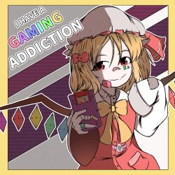 Rule 34 | 1girl, absurdres, adapted costume, bandaid, bandaid on face, bandaid on hand, bandaid on nose, blonde hair, border, bow, bowtie, closed mouth, cloudykeyz, commentary, cowboy shot, english commentary, english text, flandre scarlet, game boy, handheld game console, hat, highres, holding, holding handheld game console, light smile, looking at viewer, medium hair, mob cap, multicolored wings, patchwork clothes, red eyes, red ribbon, ribbon, ribbon-trimmed headwear, ribbon trim, shirt, simple background, sleeve rolled up, sleeves past fingers, sleeves past wrists, solo, tamagotchi, tamagotchi (virtual pet), touhou, white hat, white shirt, wide sleeves, wings, yellow border, yellow bow, yellow bowtie