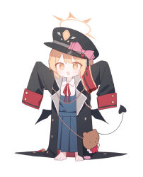 Rule 34 | 1girl, animal bag, armband, bag, barefoot, black coat, black hat, black tail, black wings, blonde hair, blue archive, blue skirt, bow, coat, doribae, full body, halo, hat, hat bow, hat ornament, heart, heart hat ornament, highres, ibuki (blue archive), long sleeves, open clothes, open coat, open mouth, orange eyes, oversized clothes, pink bow, pleated skirt, red armband, red ribbon, ribbon, simple background, skirt, sleeves past wrists, solo, standing, tail, white background, wings