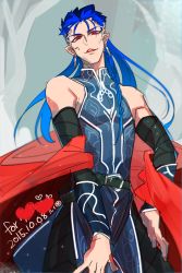 Rule 34 | 1boy, blue hair, circlet, cu chulainn (fate), cu chulainn (fate/stay night), earrings, elf, fate/stay night, fate (series), highres, jewelry, tolkien&#039;s legendarium, male focus, pointy ears, ponytail, red eyes, rui (o-rui), solo, the lord of the rings