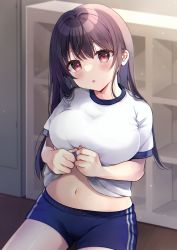 Rule 34 | 1girl, :o, black hair, blue shorts, blush, breasts, clothes lift, commentary request, gym shirt, gym shorts, gym uniform, hair between eyes, head tilt, highres, indoors, lifted by self, looking at viewer, medium breasts, minami saki, navel, original, parted lips, red eyes, shirt, shirt lift, short shorts, short sleeves, shorts, solo, stomach, white shirt