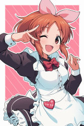 Rule 34 | 1girl, ;d, abe nana, alternate costume, apron, asada hachi, banned artist, black dress, blush, border, bow, bowtie, breasts, brown eyes, buttons, commentary, diagonal stripes, dress, enmaided, frilled apron, frills, hair bow, hair ribbon, hands up, happy, heart, highres, idolmaster, idolmaster cinderella girls, long sleeves, looking at viewer, maid, medium breasts, one eye closed, open mouth, orange hair, outline, outside border, pink bow, ponytail, puffy long sleeves, puffy sleeves, red bow, red bowtie, ribbon, short hair, smile, solo, standing, striped, striped background, twitter username, v, v over eye, watermark, white apron, white border, white outline