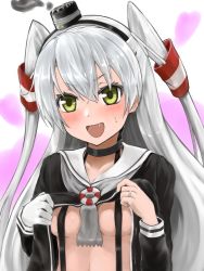 Rule 34 | 10s, 1girl, :d, amatsukaze (kancolle), bad id, bad pixiv id, blush, breasts, close-up, commentary request, convenient censoring, fang, green eyes, hair tubes, hairband, highres, jewelry, kantai collection, lifted by self, long hair, looking at viewer, miyako (miyako lplover), open mouth, ring, school uniform, serafuku, silver hair, small breasts, smile, solo, sweat, two side up, undressing, upper body, wedding band