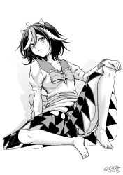 Rule 34 | 1girl, back bow, barefoot, bow, bowtie, closed mouth, collarbone, greyscale, hand on own knee, horns, kijin seija, looking at viewer, medium hair, monochrome, multicolored hair, panties, pantyshot, puffy short sleeves, puffy sleeves, shirt, short sleeves, sitting, skirt, solo, streaked hair, tatsuya (guild plus), touhou, underwear