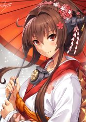 Rule 34 | 1girl, ahoge, alternate costume, artist name, breasts, brown eyes, brown hair, cherry blossoms, closed mouth, collarbone, female focus, flower, from side, hair between eyes, hair flower, hair intakes, hair ornament, headgear, japanese clothes, kantai collection, kimono, large breasts, long hair, looking at viewer, matching hair/eyes, nail polish, oil-paper umbrella, pink nails, ponytail, sakiyamama, sidelocks, smile, snowing, solo, umbrella, upper body, yamato (kancolle)