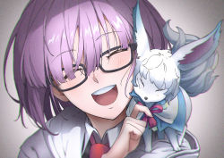 Rule 34 | 1girl, blunt bangs, c-eye, cheek-to-cheek, close-up, closed eyes, eyes visible through hair, fate/grand order, fate (series), fou (fate), gradient background, hand up, happy, heads together, mash kyrielight, necktie, open mouth, pink hair, red necktie, ribbon, shirt, short hair, simple background, solo, teeth, upper body, upper teeth only, white shirt