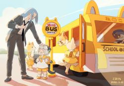 Rule 34 | 2boys, animal ears, backpack, bag, black footwear, black jacket, black pants, blue sky, blush, bus, bus stop, cat boy, cat day, cat ears, cloud, cloudy sky, collared shirt, dated, formal, highres, iris0v0, jacket, luo xiaohei, luo xiaohei (human), luo xiaohei zhanji, motor vehicle, multiple boys, one eye closed, orange footwear, orange shorts, pants, shadow, shirt, shirt tucked in, shoes, shorts, sky, suit, white shirt, wuxian (the legend of luoxiaohei)