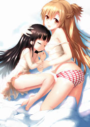 Rule 34 | 10s, 2girls, ass, asuna (sao), bad id, bad pixiv id, barefoot, bed, black hair, blunt bangs, blush, braid, brown eyes, brown hair, camisole, checkered clothes, checkered panties, clare (543), closed eyes, hair bun, half updo, hand on another&#039;s head, heart, heart panties, heart print, highres, hug, long hair, looking at viewer, lying, mother and daughter, multiple girls, no pants, off shoulder, on side, panties, print panties, simple background, single hair bun, sleeping, strap slip, sword art online, tareme, underwear, very long hair, white background, yui (sao)