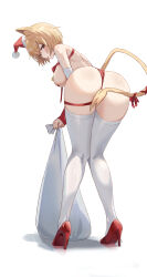 Rule 34 | 1girl, absurdres, animal ear fluff, animal ears, ass, bag, blonde hair, blush, breasts, christmas, commentary, english commentary, from behind, full body, hat, high heels, highres, holding, holding bag, kuza brs, large breasts, leaning forward, looking at viewer, looking back, original, parted lips, red eyes, red footwear, revealing clothes, santa costume, santa hat, short hair, simple background, solo, standing, tail, thighhighs, white background, white thighhighs