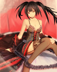 Rule 34 | 10s, 1girl, absurdres, black hair, breasts, brown thighhighs, choker, cleavage, corset, cross-laced clothes, date a live, detached sleeves, frills, garter straps, gothic lolita, heterochromia, highres, kugutsu (961598140), lace, lace-trimmed legwear, lace trim, lingerie, lolita fashion, long hair, looking at viewer, medium breasts, no bra, red eyes, sitting, smile, solo, thighhighs, tokisaki kurumi, twintails, underwear, yellow eyes