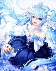 Rule 34 | 1girl, absurdres, bad id, bad pixiv id, blue dress, blue eyes, blue hair, chyopeuteu, detached sleeves, dress, floating hair, fortissimo, hair between eyes, hair ornament, hand on own chest, hatsune miku, highres, long hair, looking at viewer, musical note, musical note hair ornament, open mouth, rabbit, snowflakes, striped, tiara, twintails, vertical stripes, very long hair, vocaloid, yuki miku, yukine (vocaloid)
