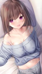 Rule 34 | :d, absurdres, bare shoulders, breasts, brown hair, childhood friend-chan (ramchi), clothes lift, collarbone, eyes visible through hair, grey shorts, head on pillow, highres, indoors, long sleeves, looking at viewer, lying, medium breasts, medium hair, midriff, navel, off shoulder, on back, on bed, open mouth, original, paid reward available, pillow, purple eyes, ramchi, shirt lift, shorts, sleeves past wrists, smile, solo, strap slip, textless version