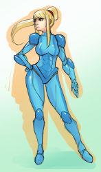 Rule 34 | 1girl, adapted costume, blonde hair, blue eyes, blunt bangs, bodysuit, breasts, commentary, contrapposto, greenmarine, hand on own hip, long hair, metroid, nintendo, ponytail, samus aran, scrunchie, shoulder pads, skin tight, solo, standing, zero suit