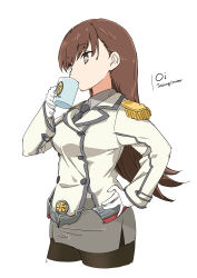 Rule 34 | 1girl, aka ringo, black pantyhose, brown eyes, brown hair, buttons, character name, collared shirt, commentary request, cosplay, cropped legs, cup, double-breasted, drinking, epaulettes, grey skirt, hand on own hip, highres, kantai collection, katori (kancolle), katori (kancolle) (cosplay), kikumon, long hair, military, military uniform, mug, necktie, ooi (kancolle), pantyhose, pencil skirt, shirt, simple background, skirt, solo, uniform, white background