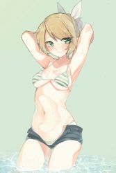 Rule 34 | 1girl, alternate costume, armpits, arms behind back, arms up, bikini, bikini under clothes, blonde hair, blush, body blush, bow, breasts, closed mouth, collarbone, commentary request, cowboy shot, denim, denim shorts, embarrassed, eyes visible through hair, green background, green bikini, green eyes, hair between eyes, hair bow, highres, looking to the side, medium breasts, micro shorts, mizuhashi parsee, navel, pointy ears, sakuratsuki, short hair, short ponytail, shorts, simple background, smile, solo, standing, stomach, striped bikini, striped clothes, swimsuit, touhou, water, wavy mouth, wet, white bikini, white bow