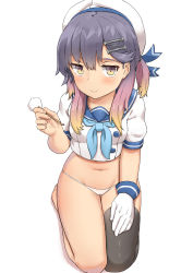 Rule 34 | 1girl, absurdres, bad id, bad pixiv id, black thighhighs, blue neckerchief, blue sailor collar, blush, breasts, closed mouth, commentary, crop top, full body, gloves, gradient hair, hair ornament, hairclip, hand on own leg, hat, highres, holding, jitome, kantai collection, lap pillow invitation, long hair, looking at viewer, mimikaki, multicolored hair, navel, neckerchief, no pants, osananajimi neko, panties, revision, sailor collar, sailor hat, sailor shirt, seiza, shirt, short sleeves, simple background, single glove, single thighhigh, sitting, small breasts, smile, solo, thighhighs, tsushima (kancolle), two side up, underwear, white background, white gloves, white hat, white panties, white shirt, yellow eyes