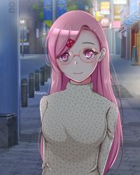 Rule 34 | 1girl, :3, aged up, alternate hair length, alternate hairstyle, artist name, breasts, cherry print, commentary, doki doki literature club, food print, glasses, hair ornament, hairclip, highres, kanarin6, large breasts, long hair, long sleeves, looking at viewer, natsuki (doki doki literature club), outdoors, pink eyes, pink hair, road, round eyewear, smile, solo, street, swept bangs, symbol-only commentary, turtleneck, upper body
