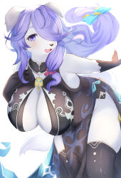 Rule 34 | 1girl, animal ears, animal hands, bare shoulders, black bra, blue ribbon, blush, bra, breasts, cleavage window, colored skin, detached collar, dog, dog ears, dress, fang, furry, hair over one eye, hair ribbon, hand on own chest, highres, large breasts, long hair, looking at viewer, multicolored skin, narume, open mouth, original, purple eyes, purple hair, ribbon, sleeveless, sleeveless dress, smile, snout, thick thighs, thighhighs, thighs, two-tone skin, underwear, very long hair, white skin