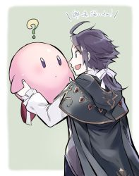 Rule 34 | 1boy, blush, brown hair, cape, crossover, cyrus (octopath traveler), gloves, jewelry, kirby, kirby (series), long hair, nintendo, oboro keisuke, octopath traveler, octopath traveler i, open mouth, ponytail, simple background, smile, super smash bros., translation request