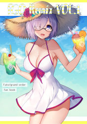 Rule 34 | 1girl, :d, absurdres, aozora nan, bare arms, bare shoulders, black-framed eyewear, blue sky, breasts, brown hat, cherry, cleavage, cloud, collarbone, commentary request, copyright name, cover, cover page, cowboy shot, cup, day, dress, dress swimsuit, drinking glass, drinking straw, fate/grand order, fate (series), flower, food, fruit, glasses, hair over one eye, halter dress, halterneck, hat, hat flower, highres, holding, holding cup, large breasts, looking at viewer, mash kyrielight, mash kyrielight (swimsuit of perpetual summer), official alternate costume, open mouth, purple eyes, purple hair, red flower, short hair, sky, sleeveless, sleeveless dress, smile, solo, standing, straw hat, thighs, tropical drink, white dress