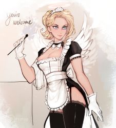 Rule 34 | 1girl, absurdres, alternate costume, apron, artist name, bad id, bad tumblr id, black thighhighs, blonde hair, blue eyes, bow, bowtie, breasts, cleavage, commentary, cowboy shot, dress, duster, english text, enmaided, feather duster, feathered wings, frills, garter straps, gloves, halo, highres, holding, lace, lace-trimmed dress, lace-trimmed legwear, lace trim, lips, looking to the side, maid, maid apron, maid headdress, matilda fiship, medium breasts, mercy (overwatch), overwatch, overwatch 1, puffy sleeves, short hair, short sleeves, signature, skirt, smile, solo, standing, thighhighs, waist apron, white bow, white bowtie, white gloves, white wings, wings
