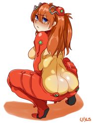 Rule 34 | 00s, 1girl, ass, blue eyes, blush, bodysuit, breasts, brown hair, butt crack, evangelion: 2.0 you can (not) advance, from behind, full body, hair ornament, highres, huge ass, latex, lightsource, long hair, looking at viewer, neon genesis evangelion, orange hair, plugsuit, rebuild of evangelion, red bodysuit, see-through, see-through bodysuit, shiny clothes, sideboob, skin tight, solo, souryuu asuka langley, squatting, test plugsuit, two side up, very long hair, wide hips