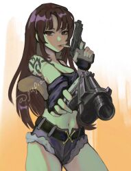 1girl aiming aiming_at_viewer arm_tattoo beretta_92 black_lagoon blue_shorts gun handgun highres long_hair looking_at_viewer pufioli purple_eyes purple_hair revy_(black_lagoon) shorts solo tank_top tattoo weapon