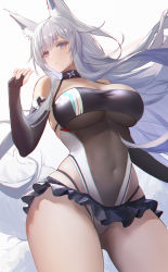 Rule 34 | 1girl, absurdres, animal ear fluff, animal ears, azur lane, bare shoulders, black choker, black gloves, black leotard, black panties, blue eyes, breasts, bridal gauntlets, choker, cleavage, covered navel, cowboy shot, dido (magicc), elbow gloves, floating hair, fox ears, fox girl, fox tail, gloves, hand up, highleg, highleg leotard, highres, large breasts, leotard, long hair, looking at viewer, microskirt, multiple tails, official alternate costume, panties, parted lips, race queen, shinano (azur lane), shinano (moonlit chrome) (azur lane), simple background, skindentation, skirt, solo, string panties, tail, thighs, underwear, white background, white hair, white tail