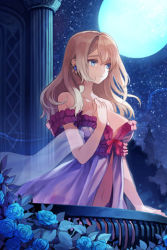 Rule 34 | 1girl, bare shoulders, blonde hair, blue eyes, bow, breasts, clenched hand, cocorip, collarbone, column, earrings, flower, full moon, hand on own chest, jewelry, long hair, lowres, midriff, moon, navel, night, night sky, off shoulder, outdoors, pillar, ribbon, rose, rose pacifica, sky, solo, star (sky), star (symbol), starry sky, sword girls