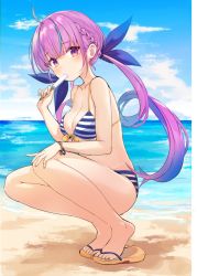 Rule 34 | 1girl, ahoge, bare legs, bare shoulders, beach, bikini, blue eyes, blue sky, bracelet, braid, breasts, cleavage, cloud, collarbone, colored inner hair, day, food, front-tie bikini top, front-tie top, groin, highres, holding, holding food, hololive, horizon, jewelry, long hair, looking at viewer, low twintails, medium breasts, minato aqua, minato aqua (hololive summer 2019), multicolored hair, nail polish, ocean, official alternate costume, outdoors, popsicle, purple bikini, purple eyes, purple hair, shadow, sky, slippers, solo, squatting, streaked hair, striped bikini, striped clothes, swimsuit, thighs, tiptoes, toenail polish, toenails, twintails, two-tone hair, very long hair, virtual youtuber, water, youmu (tomgoku2)