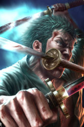 Rule 34 | 1boy, blood, dual wielding, earrings, fighting stance, gradient background, green hair, highres, holding, jewelry, looking at viewer, male focus, mouth hold, multiple swords, one-eyed, one piece, open clothes, open shirt, realistic, roronoa zoro, sandai kitetsu, scar, shirt, shusui, solo, sword, wado ichimonji, weapon