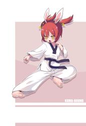 Rule 34 | 1girl, :o, absurdres, animal ears, artist name, barefoot, belt, black belt, bright pupils, chinese commentary, commentary request, dougi, feet, full body, highres, kuma-bound, martial arts belt, open mouth, original, pants, rabbit ears, rabbit girl, red hair, soles, solo, toes, twintails, white pants, white pupils, yellow eyes
