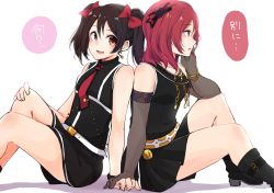 Rule 34 | 2girls, :d, back-to-back, belt, black hair, black legwear, black skirt, boots, bow, bracelet, chain, chain, diamond princess no yuuutsu, earrings, elbow gloves, elbow on knee, gloves, gold chain, hair bow, holding hands, hand on own cheek, hand on own face, jewelry, knees up, kotobuki haruki, love live!, love live! school idol project, multiple girls, necktie, nishikino maki, open mouth, red bow, red eyes, red hair, red neckwear, simple background, sitting, skirt, sleeveless, smile, tie clip, translation request, twintails, white background, yazawa nico, yuri