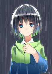 Rule 34 | 1girl, black hair, blue eyes, blue hair, blue jacket, closed mouth, collared shirt, commentary request, dated, gradient hair, green hair, green jacket, hair between eyes, highres, jacket, long sleeves, looking at viewer, makadamixa, multicolored clothes, multicolored hair, multicolored jacket, original, rain, shirt, signature, solo, upper body, wet, white shirt