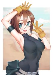 Rule 34 | 1girl, :d, arched back, arm strap, arm up, armpits, bare shoulders, belt, belt pouch, black-framed eyewear, blue sky, bodysuit, breasts, brown hair, cloud, commentary request, covered collarbone, covered navel, gloves, green eyes, grey belt, hair between eyes, hand up, highres, impossible clothes, kinon bachika, looking at viewer, medium breasts, open mouth, outstretched hand, pouch, rotix, round eyewear, sand, short hair, skin tight, sky, sleeveless, smile, solo, tengen toppa gurren lagann, yellow gloves