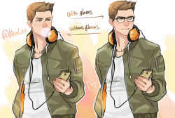Rule 34 | 1boy, brown eyes, brown hair, blowing bubbles, chewing gum, closed mouth, green jacket, headphones, headphones around neck, holding, holding phone, jacket, male focus, open clothes, open jacket, phone, piers nivans, resident evil, resident evil 6, short hair, smile, solo, spiked hair, twitter username, upper body, yumi (soak1111)