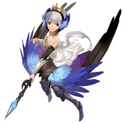 Rule 34 | 1girl, absurdres, armor, bare shoulders, black eyes, blue wings, breasts, choker, cleavage, crown, dress, full body, gwendolyn (odin sphere), head wings, highres, looking at viewer, low wings, odin sphere, polearm, simple background, small breasts, solo, spear, strapless, strapless dress, weapon, white background, white hair, wings, xianluo zonghe zheng