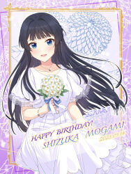 Rule 34 | 1girl, 2023, absurdres, black hair, blue eyes, blush, border, bouquet, bow, bracelet, character name, collarbone, dress, earrings, floral background, flower, framed, happy birthday, highres, hime cut, holding, holding bouquet, idolmaster, idolmaster million live!, idolmaster million live! theater days, jewelry, long hair, looking at viewer, mogami shizuka, open mouth, ornate border, outside border, pendant, ribbon, see-through, see-through sleeves, shiro (ongrokm), smile, solo