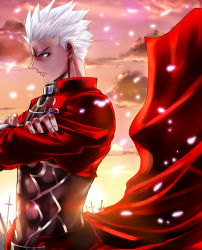 Rule 34 | 1boy, archer (fate), cloud, crossed arms, dark skin, dark-skinned male, fate/stay night, fate (series), field of blades, grey eyes, male focus, nagare, outdoors, sky, solo, sunset, white hair