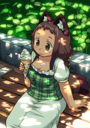 Rule 34 | 1girl, :p, arm support, bench, braid, breasts, brown eyes, brown hair, cleavage, collarbone, dappled sunlight, food, highres, ice cream, ice cream cone, long hair, medium breasts, messy, monster girl, original, outdoors, plaid, plant, plump, raccoon tail, short sleeves, sitting, skirt, smile, soft serve, solo, sunlight, tail, tongue, tongue out, yutturi