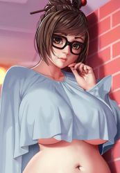 Rule 34 | 1girl, against wall, black-framed eyewear, breasts, brick wall, brown eyes, brown hair, commentary, crop top, crop top overhang, cropped sweater, curvy, english commentary, fingernails, glasses, hair bun, hair ornament, hair stick, large breasts, lips, looking at viewer, mei (overwatch), navel, nikichen, no bra, nose, out-of-frame censoring, overwatch, overwatch 1, short hair, single hair bun, solo, sweater, underboob, unfinished, white sweater
