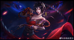 Rule 34 | 1girl, absurdres, bare shoulders, black hair, chi lian (qinshi mingyue), dress, embers, forked tongue, glowing, glowing eye, highres, holding, holding whip, miaomiao hao haochi miao, multi-tied hair, off-shoulder dress, off shoulder, open mouth, qinshi mingyue, red dress, red nails, second-party source, snake, solo, teeth, tongue, upper body, weapon, whip sword