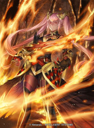 Rule 34 | 1girl, armor, bare shoulders, claws, colored eyelashes, feather trim, female focus, fire, fire emblem, fire emblem cipher, fire emblem heroes, gloves, gradient hair, hair ornament, holding, holding sword, holding weapon, laevateinn (fire emblem), long hair, multicolored hair, nintendo, official art, orange hair, p-nekor, pink hair, red eyes, solo, standing, sword, thighhighs, twintails, vambraces, weapon