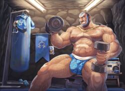 Rule 34 | 1boy, abs, archie (pokemon), bara, beard, benoit, blue male underwear, boombox, boxing gloves, bulge, buzz cut, chest hair, come hither, covered penis, creatures (company), dumbbell, exercise, facial hair, feet out of frame, from side, game freak, hairy, highres, large bulge, large pectorals, looking at viewer, male focus, male underwear, manspreading, matt (pokemon), mature male, muscular, muscular male, navel, navel hair, nintendo, nipples, pectorals, photo (object), pokemon, pokemon oras, print male underwear, punching bag, seductive smile, shelly (pokemon), short hair, sitting, smile, solo, stomach, strongman waist, sweat, team aqua, thick eyebrows, thick thighs, thighs, topless male, underwear, very short hair, very sweaty, weightlifting
